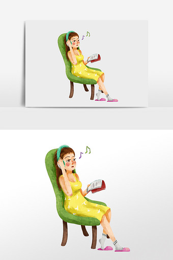 水彩手绘人物休闲躺着听音乐学习的女人图片
