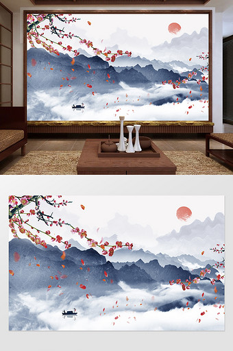 新中式蓝色山水红色花枝定制电视背景墙图片