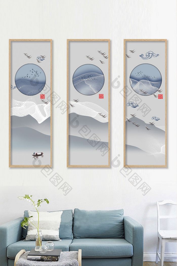 中国风淡彩立体飞鸟风景客厅酒店茶馆装饰画