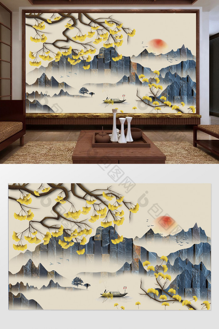 新中式石纹山水树枝背景墙图片图片