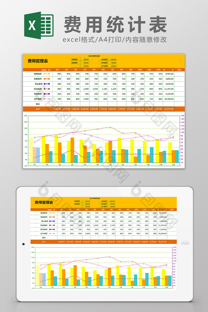 财务费用统计表带图表显示Excel模板