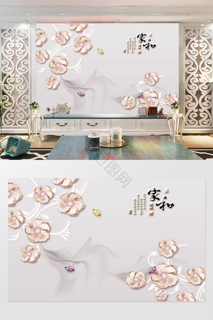 奢华珍珠花朵3d欧式电视背景墙图片