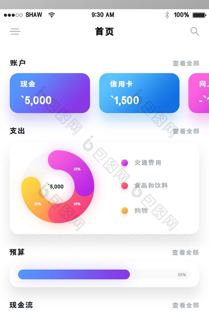 炫彩渐变投影金融理财app首页移动界面