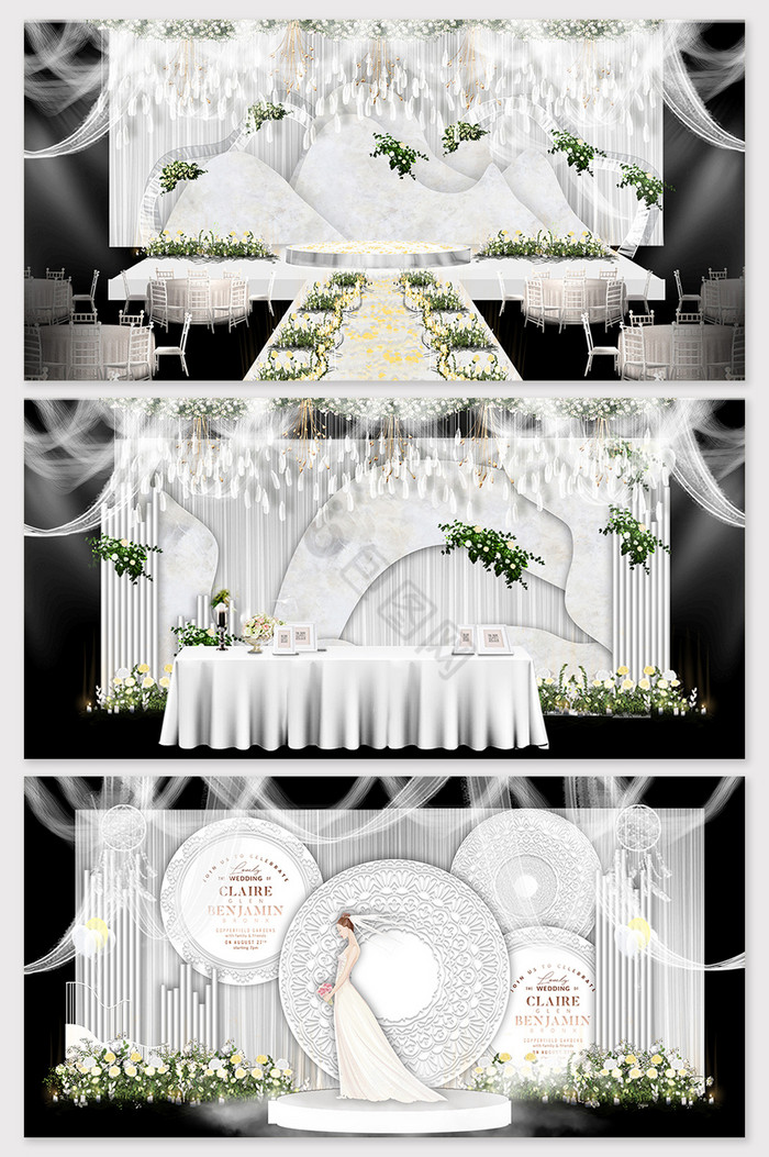 原创白色唯美简约小清新主题婚礼舞台效果图图片