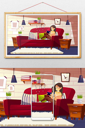 卡通年轻人在家玩手机都市女性生活方式插画图片