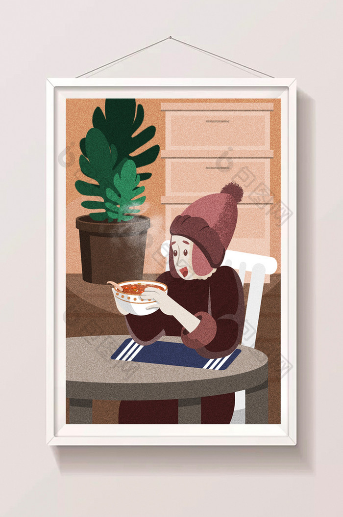 暖色腊八节吃腊八粥的女孩室内插画设计