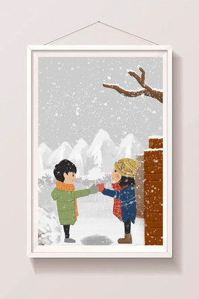 冬天男孩女孩保暖出门插画图片