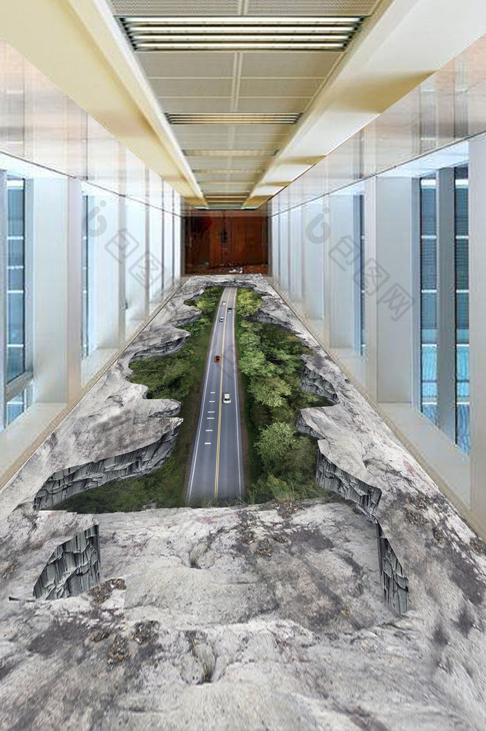 3D立体公路树林山崖地板画
