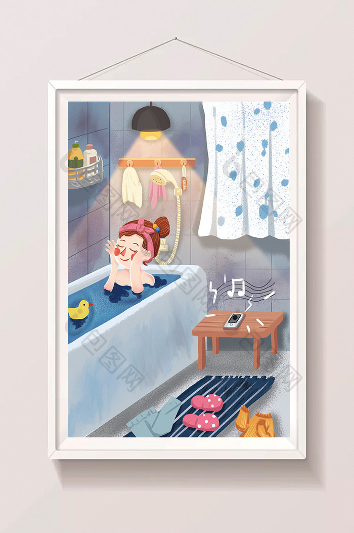 少女浴室洗澡卡通唯美手绘生活插画