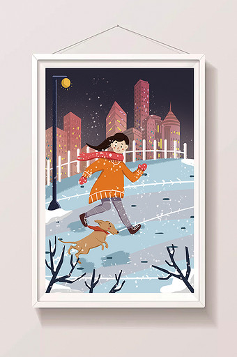 冬日夜跑运动健康生活插画图片