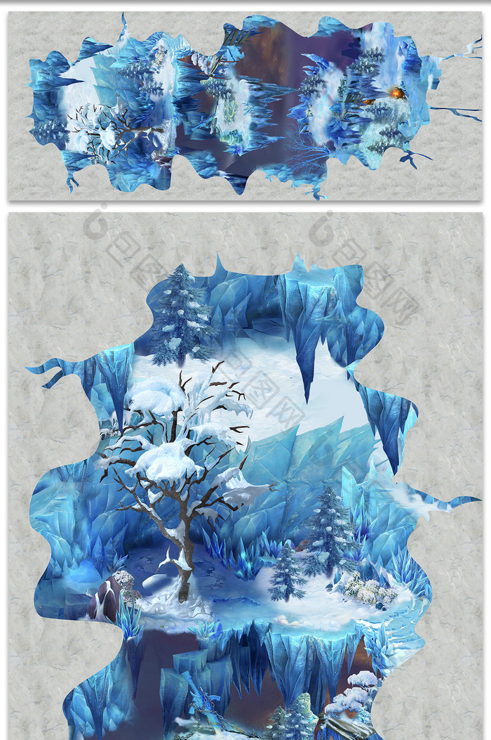 原创3D立体冰雪世界地板画背景