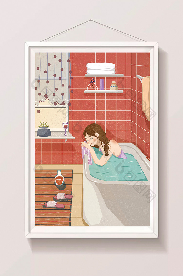清新唯美女孩泡澡浴室插画
