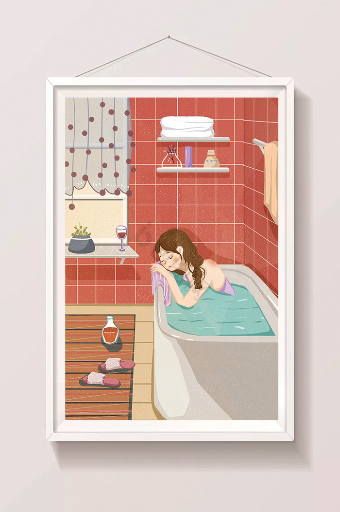 女孩泡澡浴室插画图片