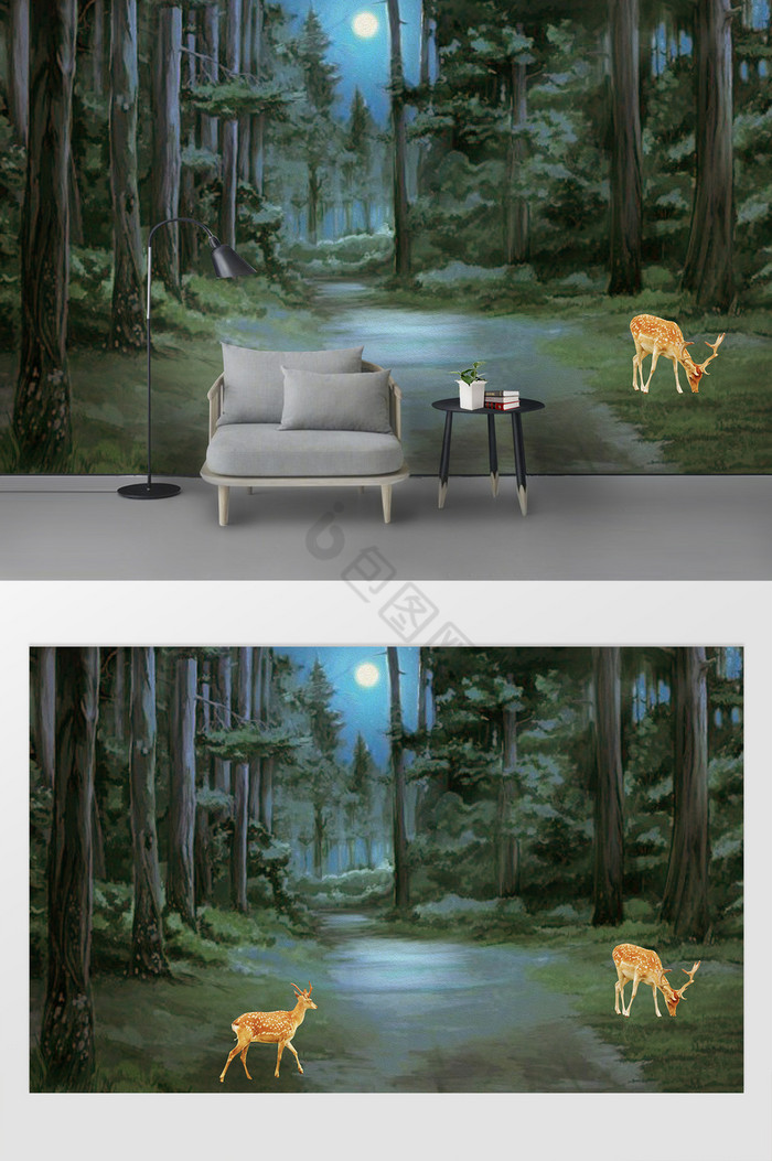 森林夜色小鹿背景墙图片