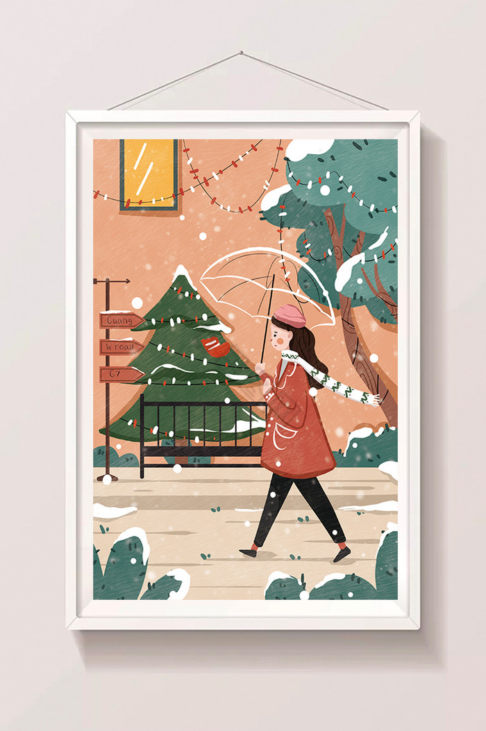 圣诞节下雪街景插画图片