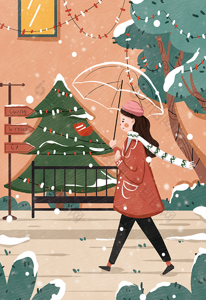 清新唯美圣诞节下雪街景插画