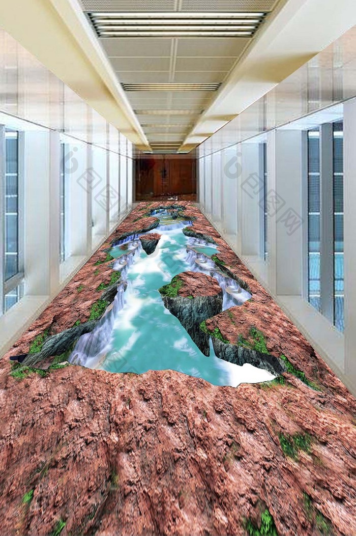 3D立体红土高山瀑布流水地板画