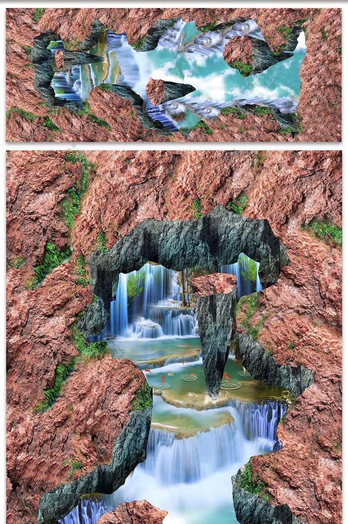 3D立体红土高山瀑布流水地板画