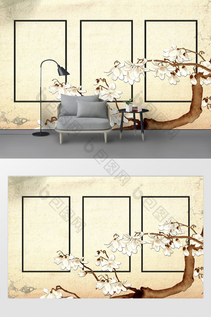 现代简约立体金属线框手绘梅花花鸟背景墙图片图片