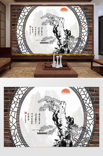新中式复古山水拱形门框定制背景墙图片