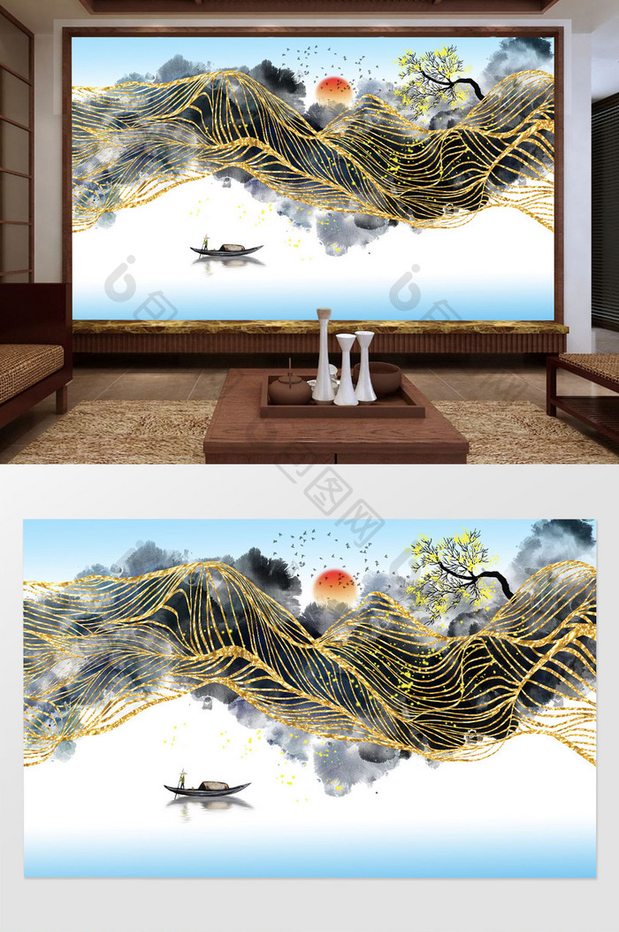 新中式金色线条抽象山水画背景墙壁画