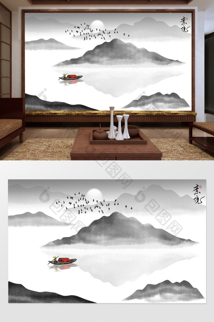新中式禅意山水装饰画背景墙