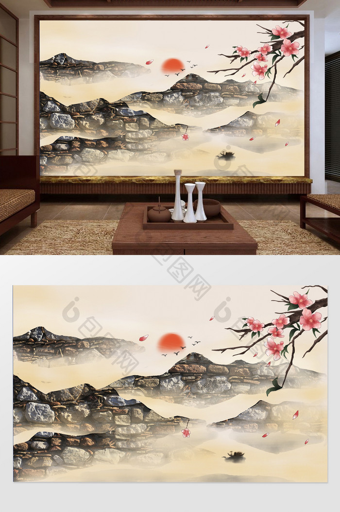 新中式石纹意境山水风景背景墙