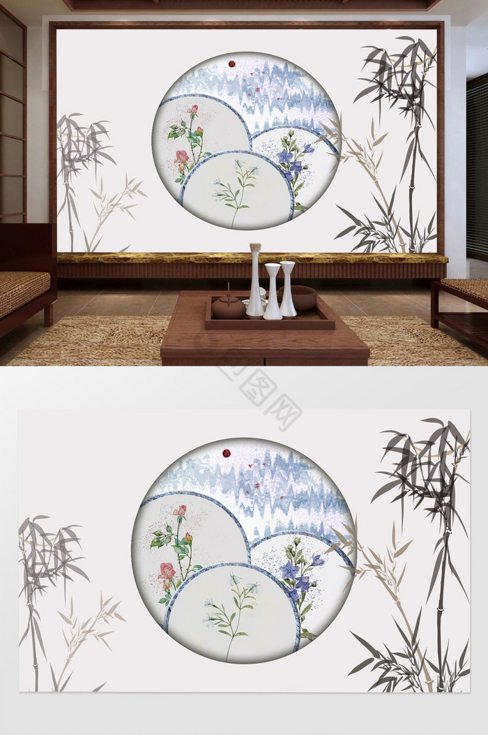 中式现代唯美大气竹子日出水墨植物背景墙图片