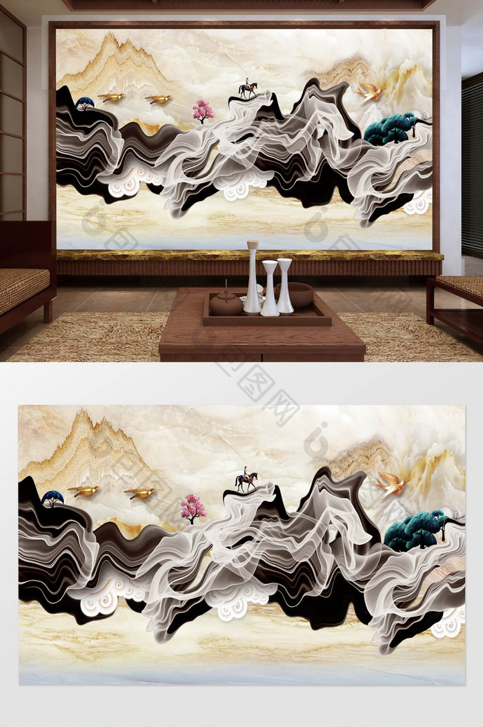 中式大理石抽象山水画马儿飞鸟电视背景墙
