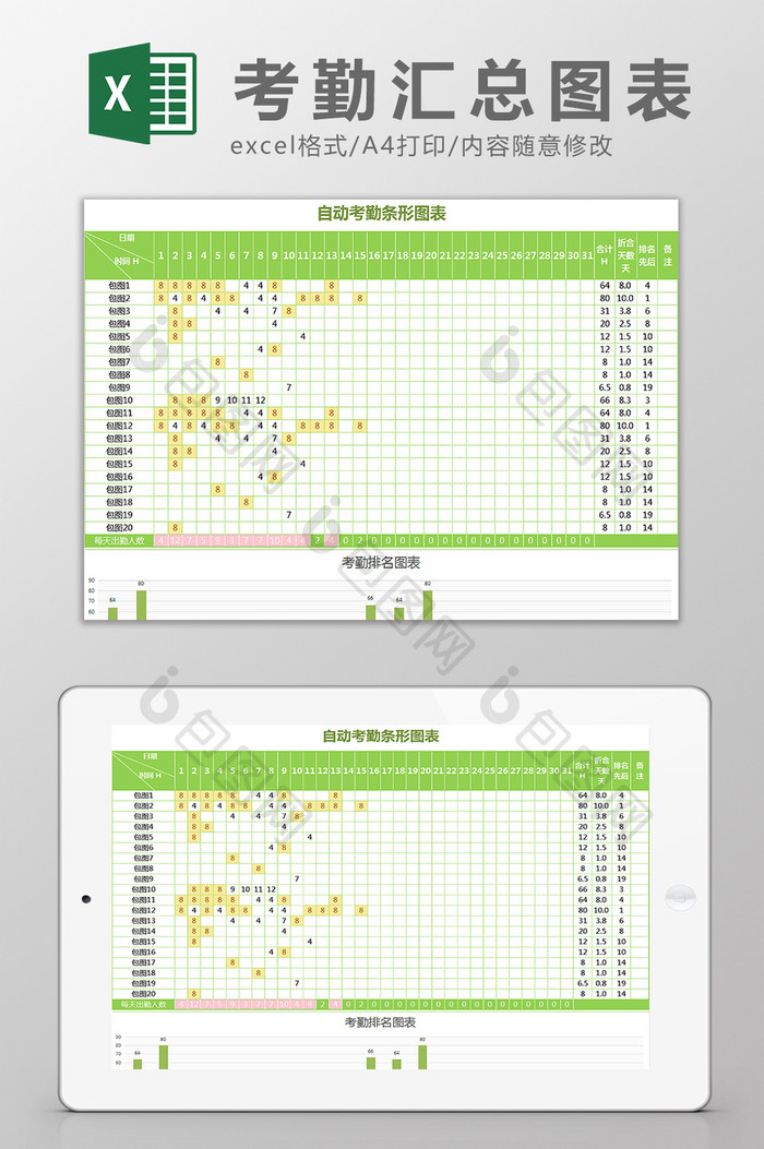 行政考勤统计表带图表可视化Excel模板