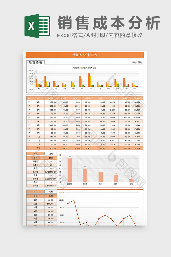 销售成本财务分析组合图表Excel模板