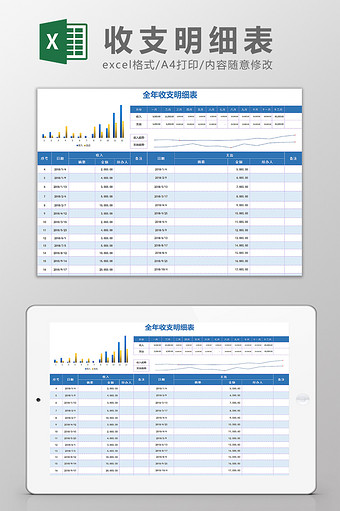 收入支出明细表趋势图表预览Excel模板图片