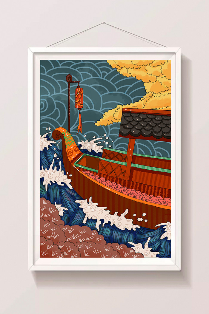 浮世绘船只海浪插画图片