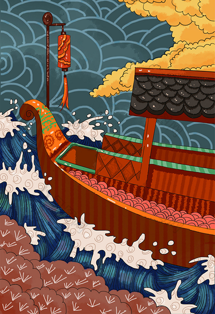 浮世绘船只海浪插画