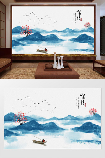 新中式创意意境水墨画梅花山水情背景墙.图片