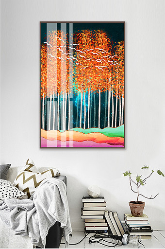 北欧风抽象树林飞鸟风景晶瓷画客厅装饰画图片