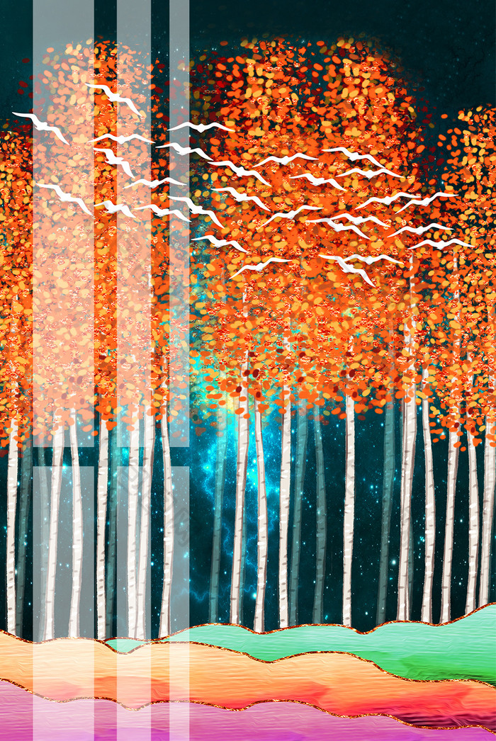北欧风抽象树林飞鸟风景晶瓷画客厅装饰画