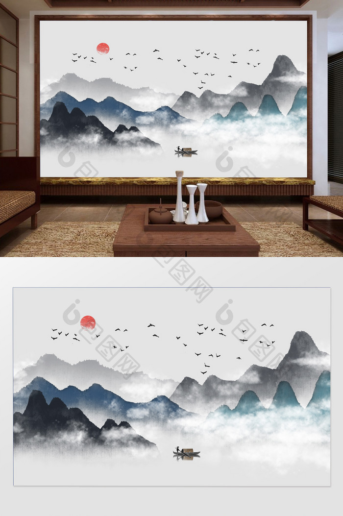 新中式手绘山水画水墨飞鸟背景墙