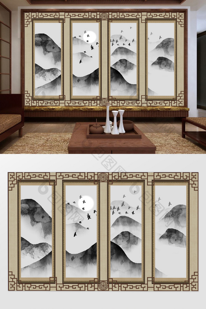 新中式手绘山水画水墨背景墙定制图片图片
