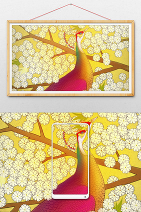 浮世绘凤凰孔雀传统吉祥图腾花朵插画艺术