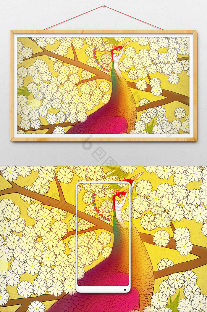 浮世绘凤凰孔雀传统吉祥图腾花朵插画艺术