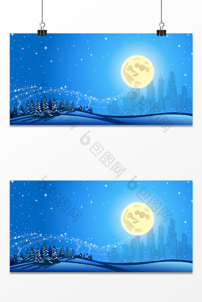蓝色圣诞节冰雪城市深林月色背景