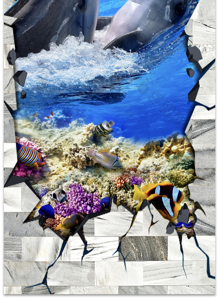 3D立体海洋世界海豚地板画