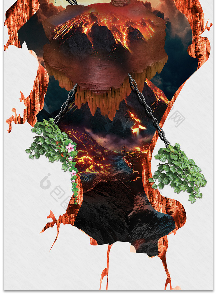 原创3D立体火山岩火山爆发地板画背景
