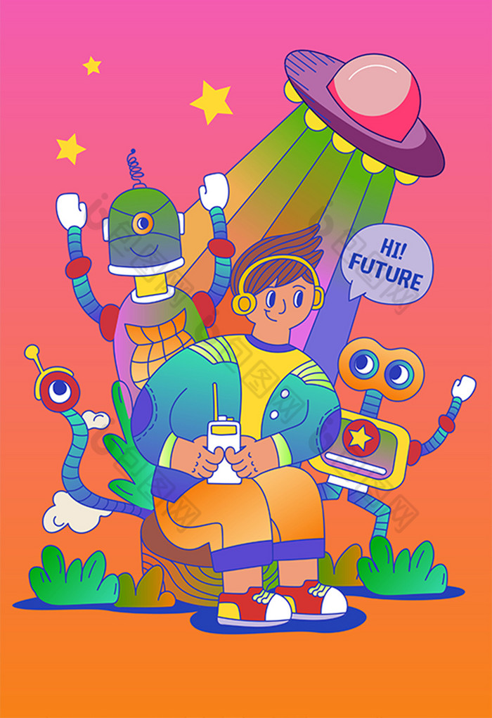 涂鸦风智能时代机器人插画