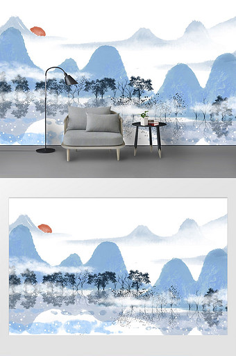 新中式意境蓝色山水风景树鸟油画背景墙图片