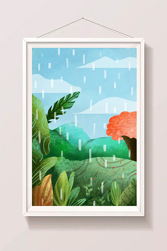 手绘下雨的野外树林草地插画背景图片