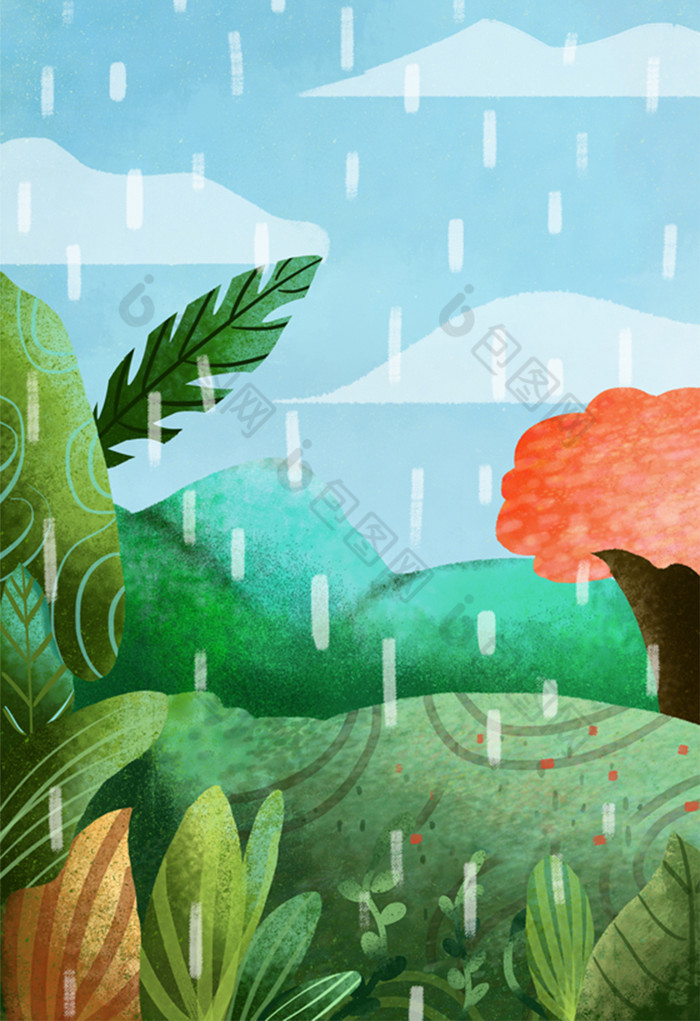 下雨的野外树林草地插画图片