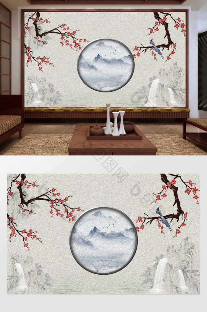 中式水墨山花枝瀑布鸟油画意境禅意背景墙效果图-【包图网】