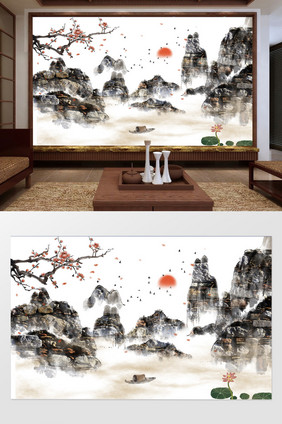 新中式大气石头山水风景背景墙